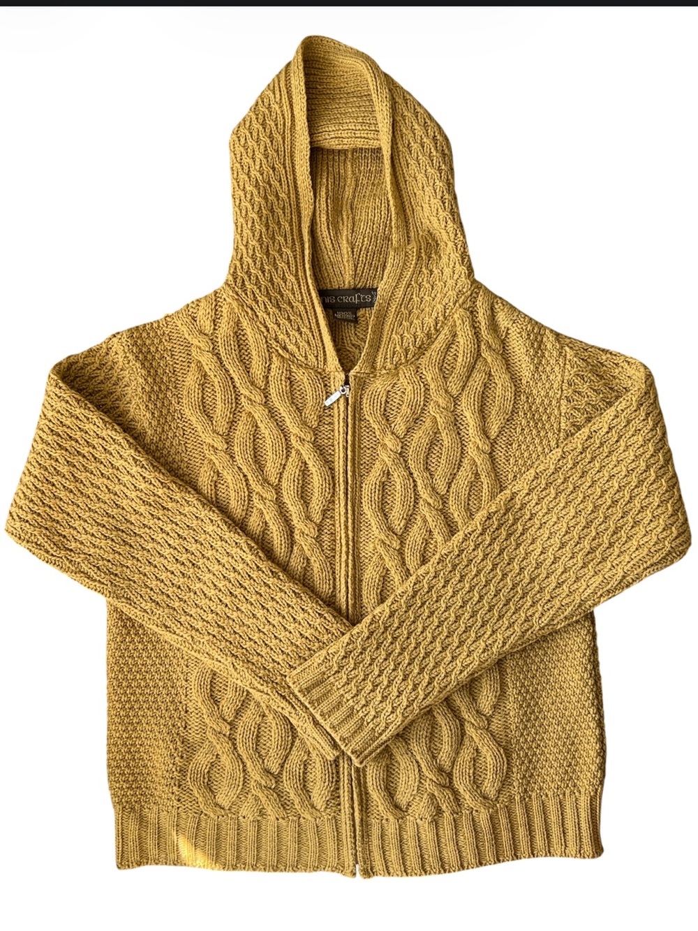 Inis Crafts Mustard Yellow Merino Wool Cable Knit Hooded Cardigan Women’s XL